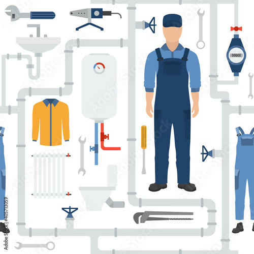 Profession and occupation seamless pattern. Plumber tools and equipment. Uniform flat design