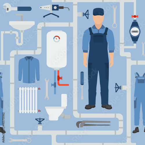 Profession and occupation seamless pattern. Plumber tools and equipment. Uniform flat design