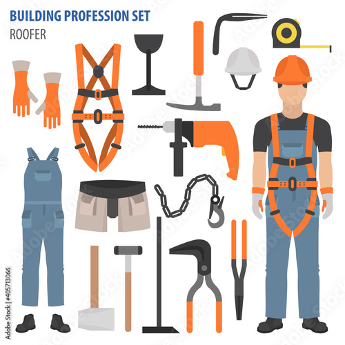 Profession and occupation set. Roofer tools and equipment. Uniform flat design icon