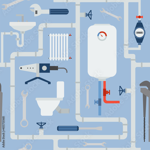 Profession and occupation seamless pattern. Plumber tools and equipment. Uniform flat design