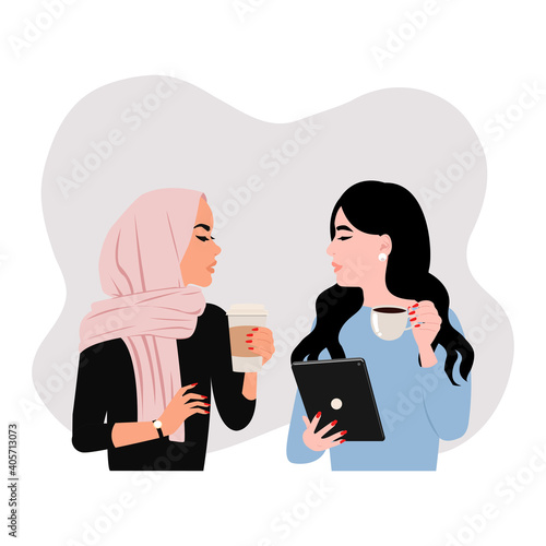 Female colleague having a discussion. Coffee break situation between Hijab and Asian woman. Flat vector design.