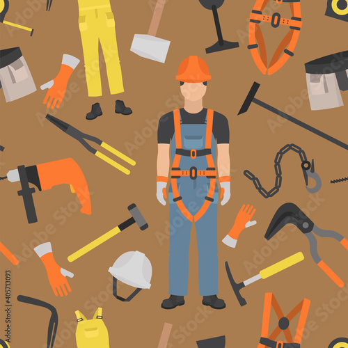 Profession and occupation set. Roofer tools and equipment. Seamless pattern
