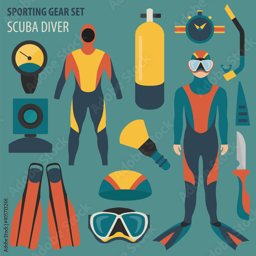 Sporting gear set. Diving equipment and scuba diver male flat design icon