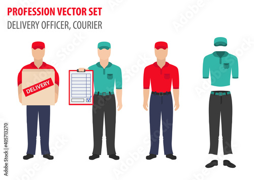 Profession and occupation set. Delivery officer equipment, courier uniform flat design icon