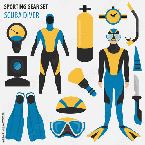 Sporting gear set. Diving equipment and scuba diver male flat design icon