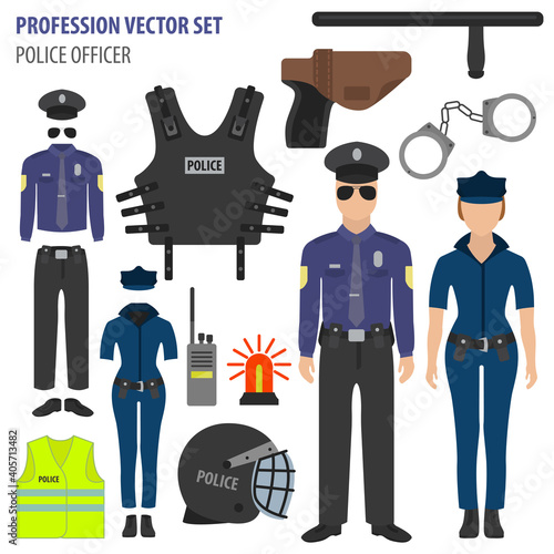 Profession and occupation set. Police officer equipment, uniform flat design icon