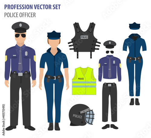 Profession and occupation set. Police officer equipment, uniform flat design icon