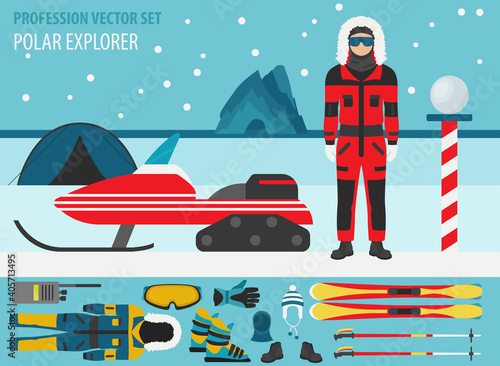 Profession and occupation set. Polar explorer, antarctic expedition equipment, flat design icon