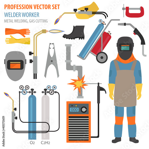 Profession and occupation set. Metal welding equipment, gas cutting flat design icon.Welder worker