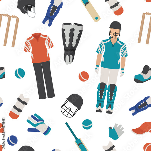 Sporting gear set. Cricketer equipment and accessories flat design icon