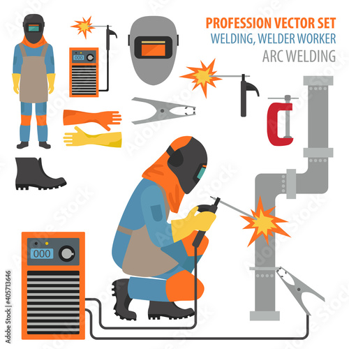 Profession and occupation set. Metal welding equipment, gas cutting flat design icon.Welder worker