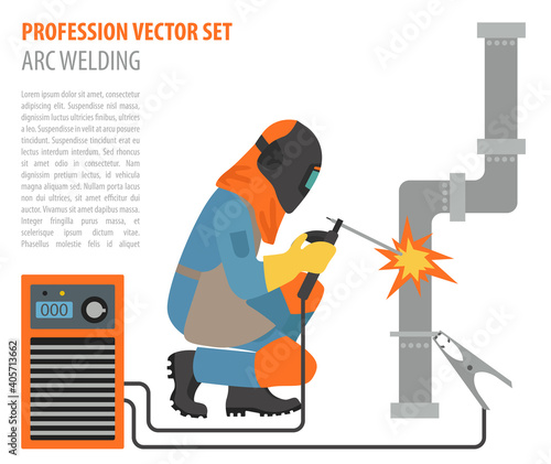 Profession and occupation set. Metal welding equipment, gas cutting flat design icon.Welder worker