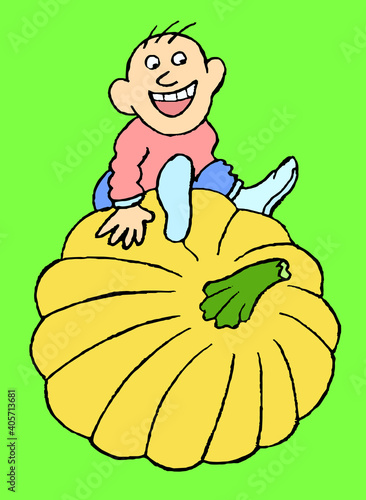 Happy farmer who raised  pumpkin. Caricature image. Color illustration