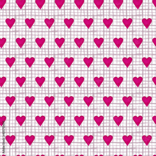 Seamless pattern with red hearts on squared white and grey background. Romantic hand painted watercolor illustration. Valentines day wrapping paper, scrapbook page, wallpaper, fabric, textile designs