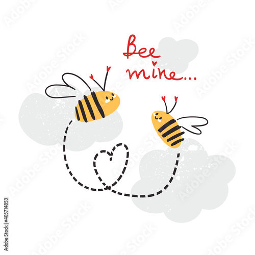 Greeting card with the cute couple of little bees and hand lettering. Bee mine. Simple naive style.