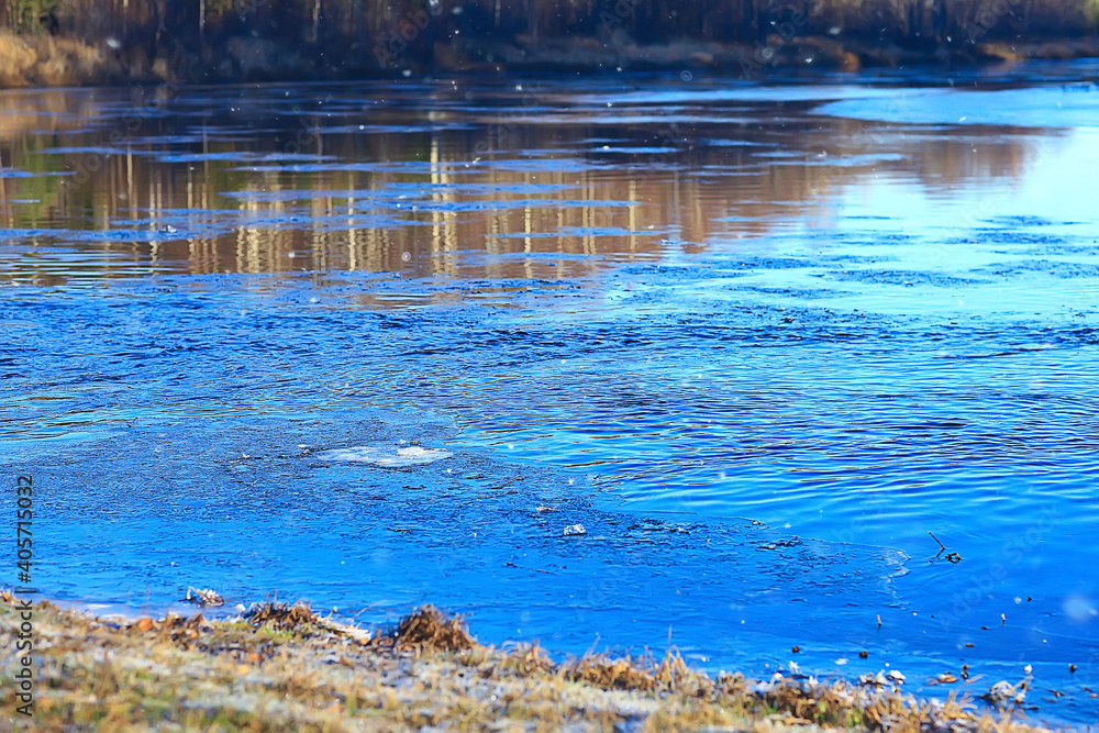 freezing river november december, seasonal landscape in nature winter