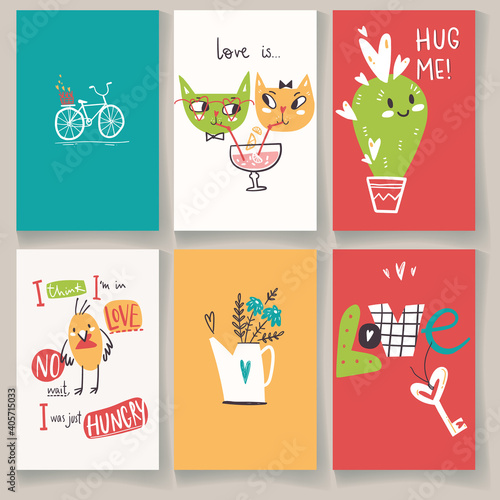 Doodle collection of Valentines Day greeting cards with cute charaters and hand lettering. Cacti, cats, bird and bike, Hug, love and bouquet in naive simple style.