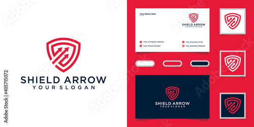 Shield logo with three arrows design template and business card