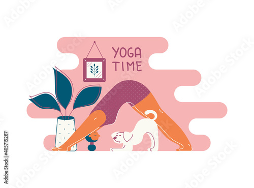A girl in quarantine at home does yoga in the company of her dog.