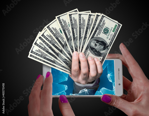 Dollar money popping out from a phone screen. Online payment or reward concept.