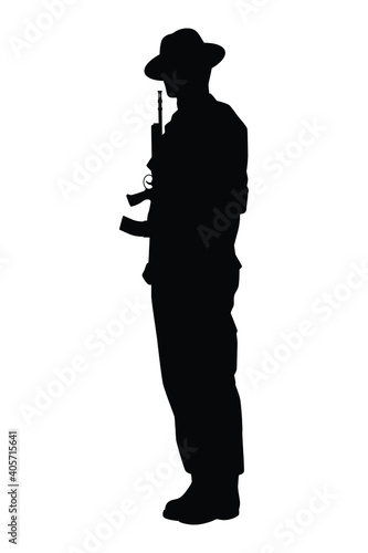 Kurkha soldier with weapon silhouette vector, military man in the battle.