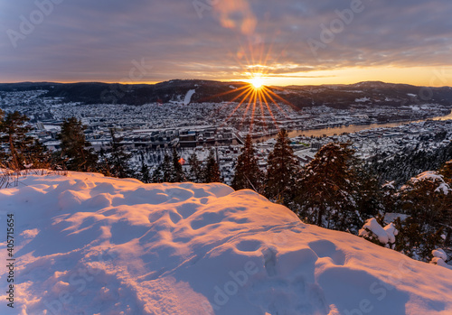 Sunset over Drammen, a town in the Buskerud province of Norway photo