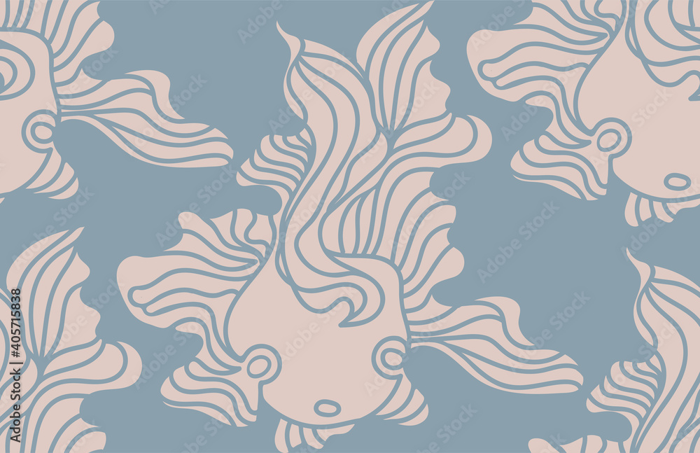 Vector calm seamless pattern with doodle fish with wavy fins drawn by hand in flat style. Animal design for baby clothes printing, package, icon, wrapping paper, wallpaper, baby goods.