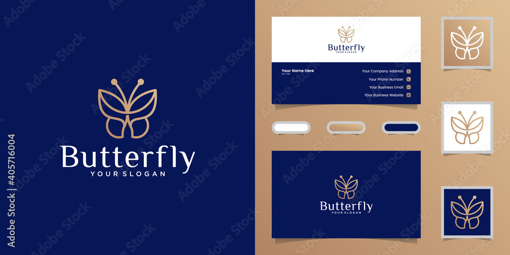 Minimalist butterfly in a line style logo design template and business card
