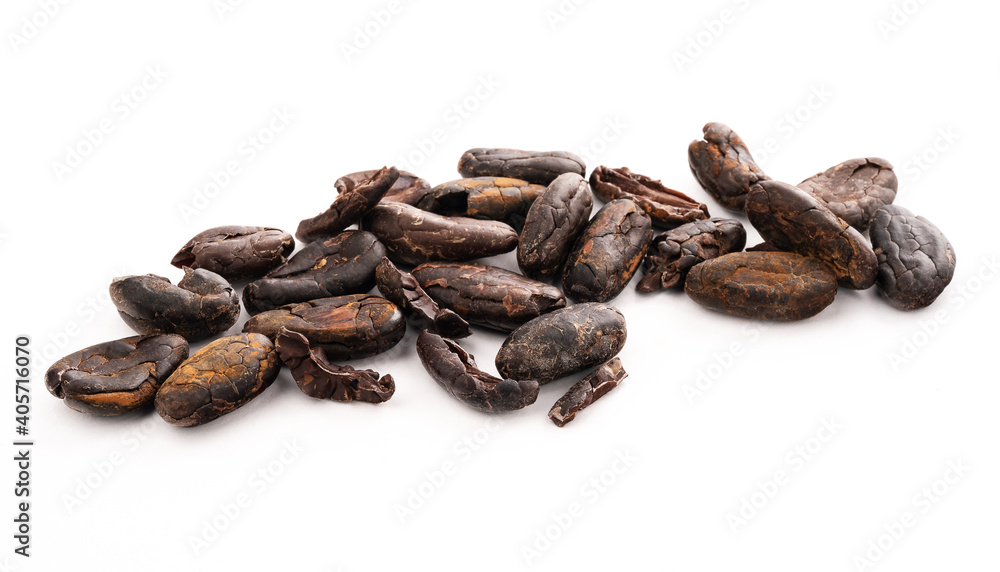 cocoa bean with leaf isolated on white background cocoa bean with leaf isolated on white background