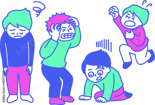 うなだれ、悶え、落胆し、苦しむ人たちの3色線画イラスト