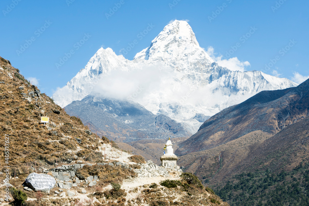 View of Ama Dablam and an old stupa near Pangboche, Everest Base Camp trek, Sagarmatha National Park, Nepal
