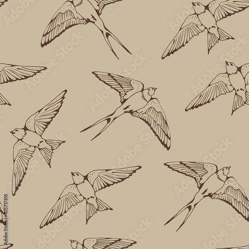 Swallow and House Martin birds vector pattern, hand drawn seamless background