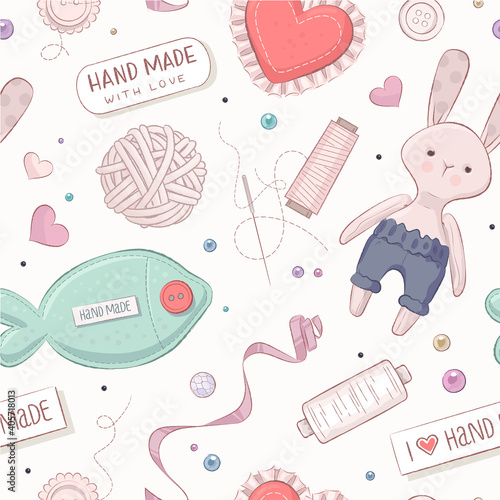Seamless pattern with handcraft elements like sewing, knitting, embroidering and decorating. Vector illustration