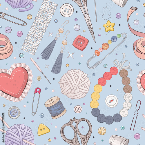 Seamless pattern with handcraft elements like sewing, knitting, embroidering and decorating. Vector illustration