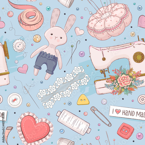 Seamless pattern with handcraft elements like sewing, knitting, embroidering and decorating. Vector illustration