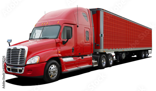 Large American modern truck in full red color isolated on white background.