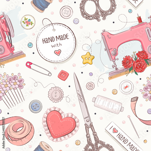 Seamless pattern with handcraft elements like sewing, knitting, embroidering and decorating. Vector illustration