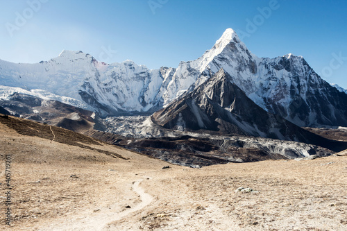 View from Chhukung hill over Ama Dablam and Chhukung glacier, Everest Base Camp trek, Nepal photo
