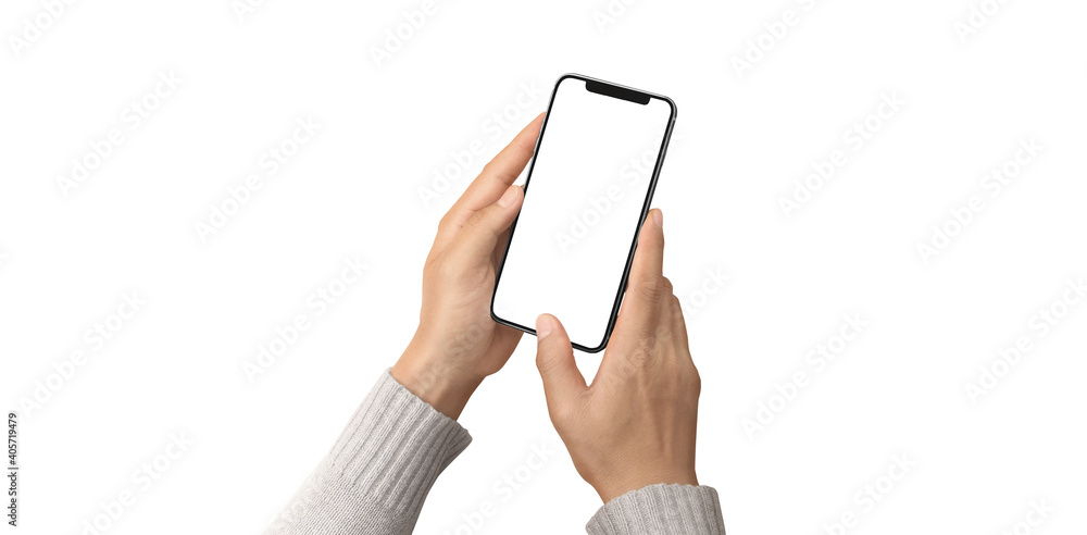 Hand holding smartphone device touching screen