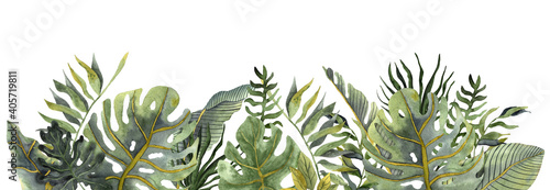 Watercolor tropical border in trendy colors. Tropic leaves arrangmant