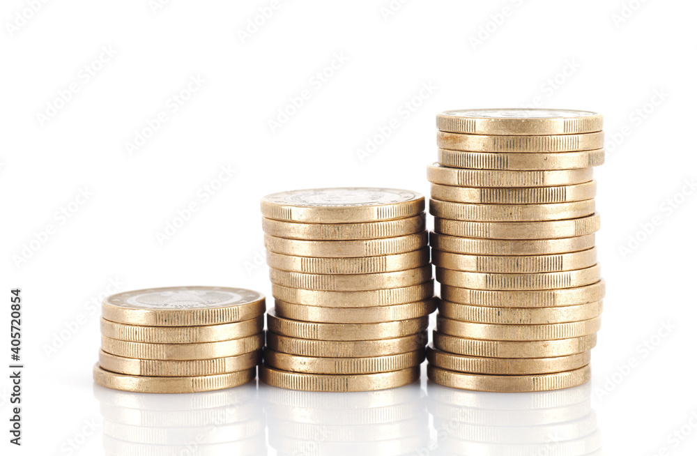 Increasing euro coins on white background Increasing euro coins on white background