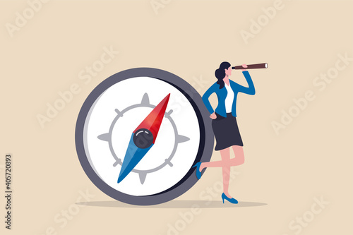 Female leadership, woman vision to lead direction, gender equality to embrace woman in business management concept, smart businesswoman standing with big compass look through spyglass or telescope.
