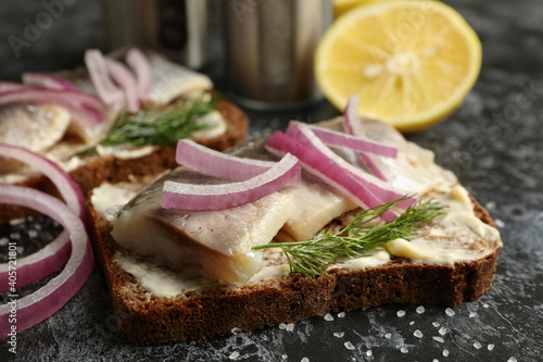 Sandwiches with herring fish on black smokey background