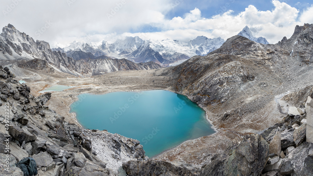 View from the top of Kongma La pass towards Makalu, Baruntse and Ama Dablam mountains, Everest 3 high passes trek, Nepal