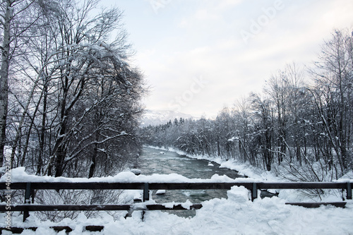 Winter view on the River Drava in East Tyrol close to Lienzer Dolomites.