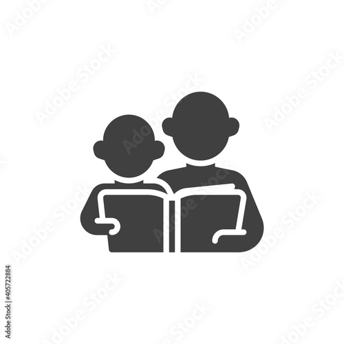 Learning and teaching vector icon. filled flat sign for mobile concept and web design. Two people reading book glyph icon. Symbol, logo illustration. Vector graphics