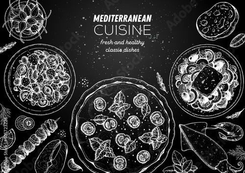 Mediterranean cuisine top view frame. A set of mediterranean dishes. Food menu design template. Vintage hand drawn sketch. Vector illustration. Food collection.