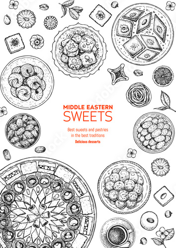 Oriental sweets vector illustration. Middle eastern food  hand drawn sketch. Linear graphic. Food menu background.