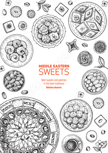 Oriental sweets vector illustration. Middle eastern food, hand drawn sketch. Linear graphic. Food menu background.