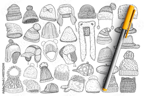 Various winter caps and hats doodle set. Collection of hand drawn stylish caps hats with fur for wearing outdoors during winter time isolated on transparent background. Illustration of headdress